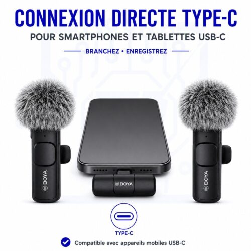 Kit de 2 Microphones Sans Fil BY MW3 avec Récepteur Type C Portée Supérieure à 20 m