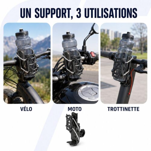 Porte-Bouteille Universel pour Vélo, Moto et Trottinette – Support de Guidon Anti-Vibrations