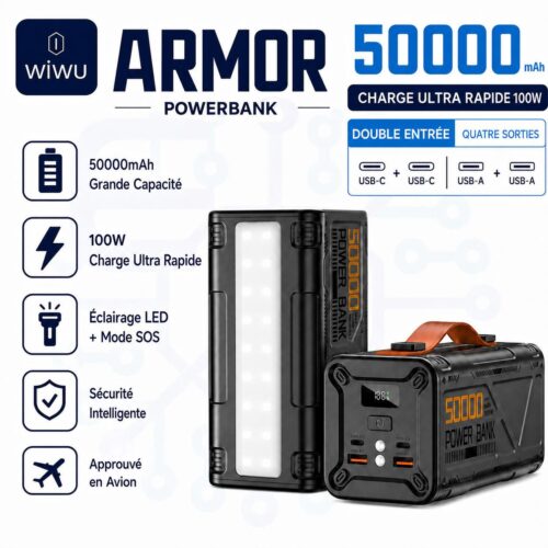 gvc.product.image_.1785428636742.de484d70-b636-457f-b882-e7ab2c66f65d.jpeg Power Bank 50000mAh 100W Charge Rapide PD – Lampe LED SOS, 4 Sorties USB, Power Bank Haute Capacité