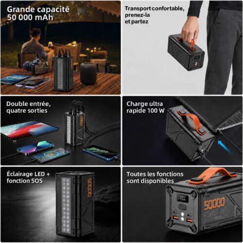 Power Bank 50000mAh 100W Charge Rapide PD – Lampe LED SOS, 4 Sorties USB, Power Bank Haute Capacité