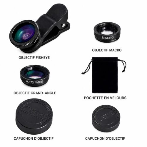 gvc.product.image_.1785676149227.aca71570-ac99-48ed-96d0-4d78577c1730.jpeg Kit Objectifs Smartphone 3 en 1 – Fisheye 180° + Grand Angle 0.67x + Macro avec Clip Universel