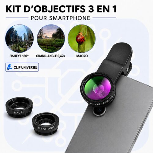 Kit Objectifs Smartphone 3 en 1 – Fisheye 180° + Grand Angle 0.67x + Macro avec Clip Universel