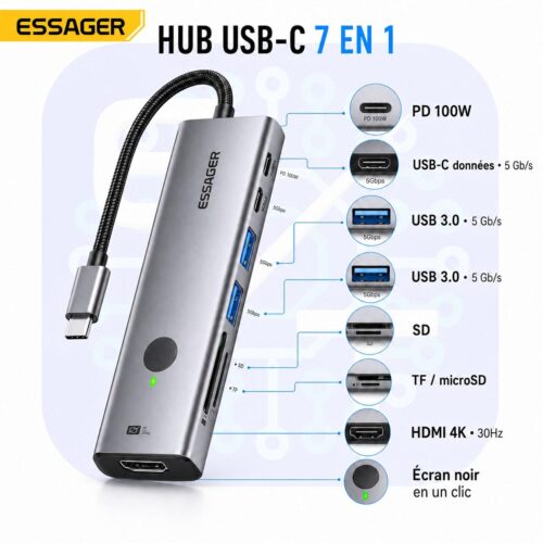 Hub USB C 7 en 1 avec HDMI 4K, PD 100W, 2× USB 3.0, Lecteurs SD TF et Bouton Écran Noir