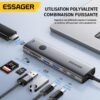 Hub USB C 7 en 1 avec HDMI 4K, PD 100W, 2× USB 3.0, Lecteurs SD TF et Bouton Écran Noir