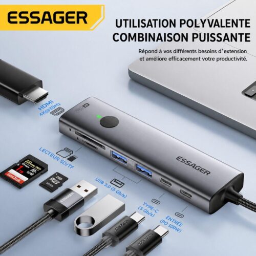 Hub USB C 7 en 1 avec HDMI 4K, PD 100W, 2× USB 3.0, Lecteurs SD TF et Bouton Écran Noir