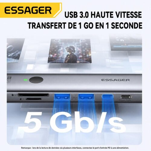 Hub USB C 7 en 1 avec HDMI 4K, PD 100W, 2× USB 3.0, Lecteurs SD TF et Bouton Écran Noir