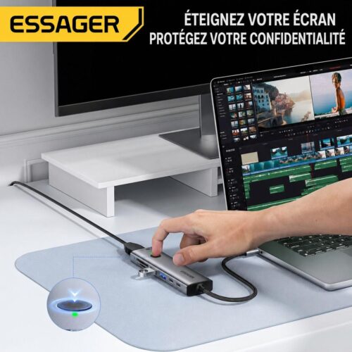 Hub USB C 7 en 1 avec HDMI 4K, PD 100W, 2× USB 3.0, Lecteurs SD TF et Bouton Écran Noir