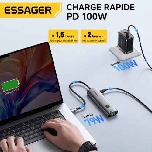Hub USB C 7 en 1 avec HDMI 4K, PD 100W, 2× USB 3.0, Lecteurs SD TF et Bouton Écran Noir