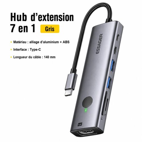 Hub USB C 7 en 1 avec HDMI 4K, PD 100W, 2× USB 3.0, Lecteurs SD TF et Bouton Écran Noir