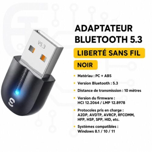 Adaptateur USB Bluetooth 5.3 pour PC – Plug & Play, Portée 10 m, Jusqu’à 5 Appareils, Windows 8.1/10/11