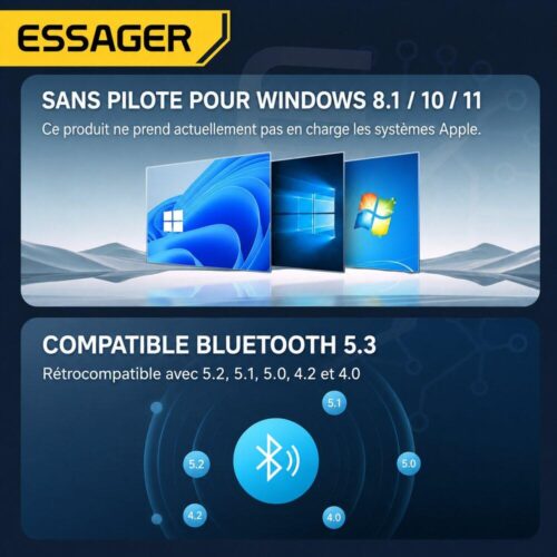 Adaptateur USB Bluetooth 5.3 pour PC – Plug & Play, Portée 10 m, Jusqu’à 5 Appareils, Windows 8.1/10/11
