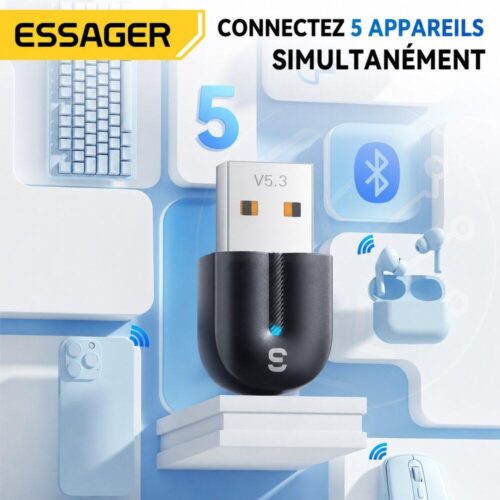 Adaptateur USB Bluetooth 5.3 pour PC – Plug & Play, Portée 10 m, Jusqu’à 5 Appareils, Windows 8.1/10/11