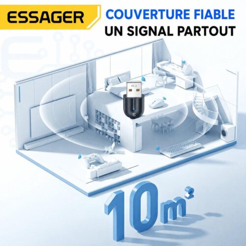 Adaptateur USB Bluetooth 5.3 pour PC – Plug & Play, Portée 10 m, Jusqu’à 5 Appareils, Windows 8.1/10/11