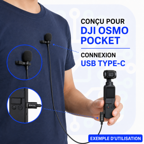 Microphone Lavalier Numérique USB‑C BY‑M3‑OP pour DJIOsmo Pocket Omnidirectionnel, 24 bit/96 kHz, Câble 2 m