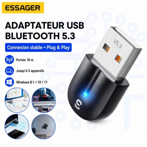 Adaptateur USB Bluetooth 5.3 pour PC – Plug & Play, Portée 10 m, Jusqu’à 5 Appareils, Windows 8.1/10/11