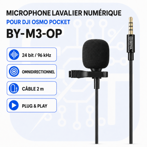 Microphone Lavalier Numérique BY M3 OP pour DJIOSMO Pocket Jack 3,5 mm, Omnidirectionnel, 24 bits 96 kHz, Câble 2m