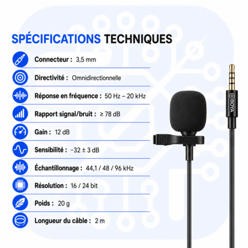 Microphone Lavalier Numérique BY M3 OP pour DJIOSMO Pocket Jack 3,5 mm, Omnidirectionnel, 24 bits 96 kHz, Câble 2m