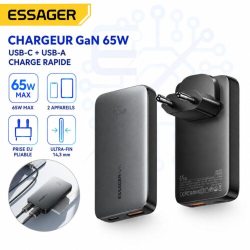 Chargeur GaN 65W Ultra-Fin USB-C PD + USB-A QC – Prise EU Pliable, Charge Rapide pour 2 Appareils