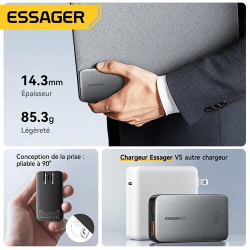 Chargeur GaN 65W Ultra-Fin USB-C PD + USB-A QC – Prise EU Pliable, Charge Rapide pour 2 Appareils
