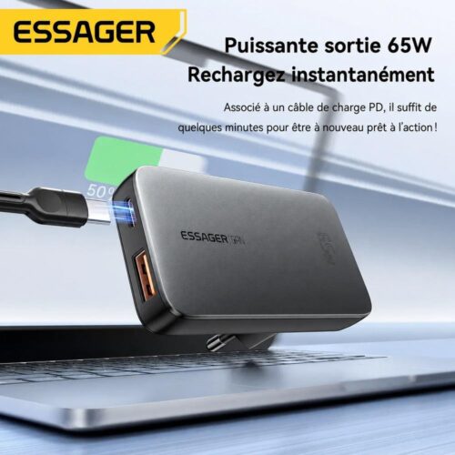 Chargeur GaN 65W Ultra-Fin USB-C PD + USB-A QC – Prise EU Pliable, Charge Rapide pour 2 Appareils