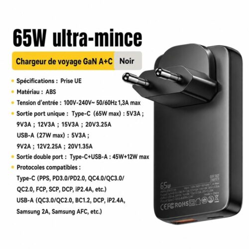 Chargeur GaN 65W Ultra-Fin USB-C PD + USB-A QC – Prise EU Pliable, Charge Rapide pour 2 Appareils