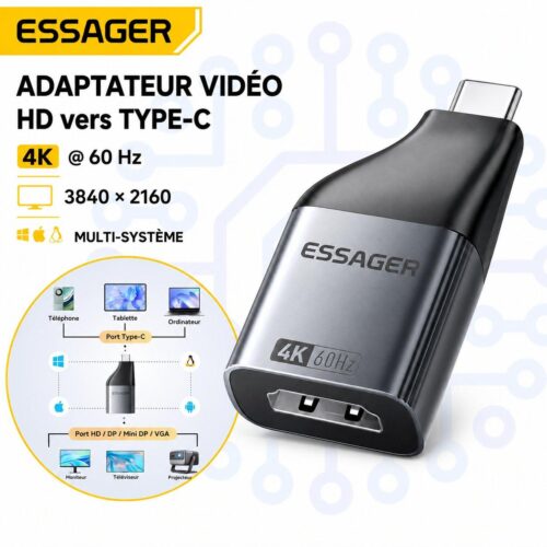 Adaptateur Vidéo HD vers Type C 4K 60 Hz – Convertisseur Compact 3840 × 2160