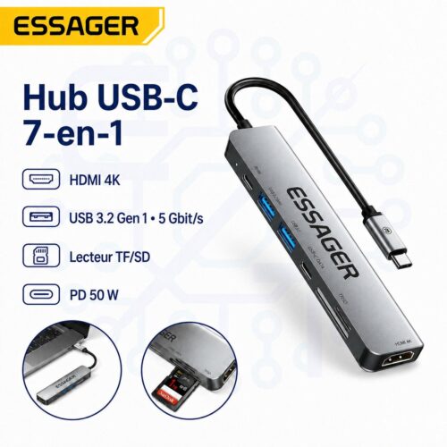 Hub USB C 7 en 1 avec HDMI 4K, USB 3.2 Gen 1, lecteur TF SD et PD 50 W
