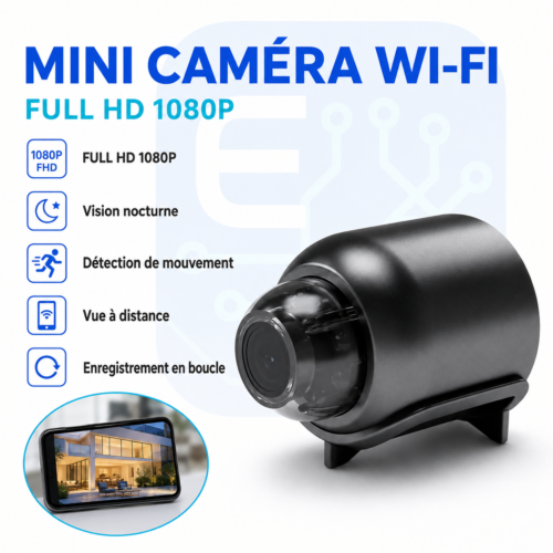 Mini Caméra Wi Fi Full HD 1080P avec Vision Nocturne, Détection de Mouvement et Vue à Distance