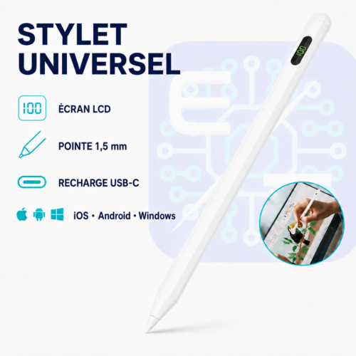 Stylet Universel Rechargeable avec Écran LCD et Pointe Fine 1,5 mm – Compatible iOS, Android et Windows