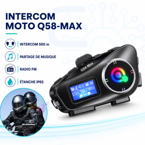 Intercom Moto Q58 Max pour 2 Motards avec Écran LCD – Portée 500 m, Radio FM, Partage de Musique, IP65 et Support MicroSD