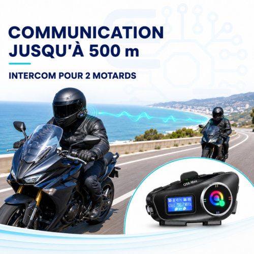 gvc.product.image_.1785973357013.f9bfcb18-4bf6-4812-8b96-d0f75ed0a2f9.png Intercom Moto Q58 Max pour 2 Motards avec Écran LCD – Portée 500 m, Radio FM, Partage de Musique, IP65 et Support MicroSD