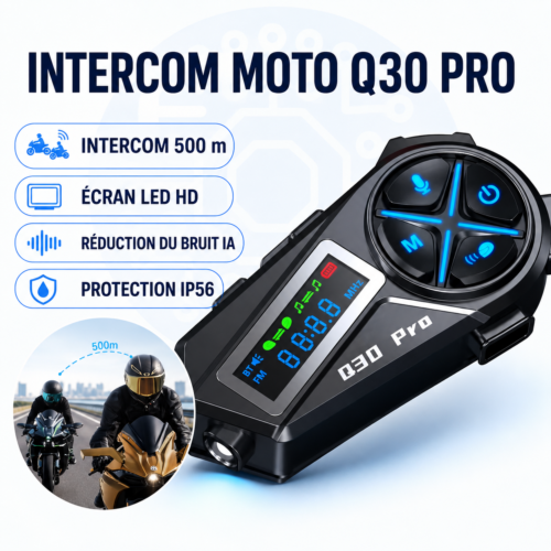 Intercom Moto Q30 Pro pour 2 Motards – Portée 500 m, Écran LED HD, Réduction du Bruit IA, Son HiFi et Protection IP56