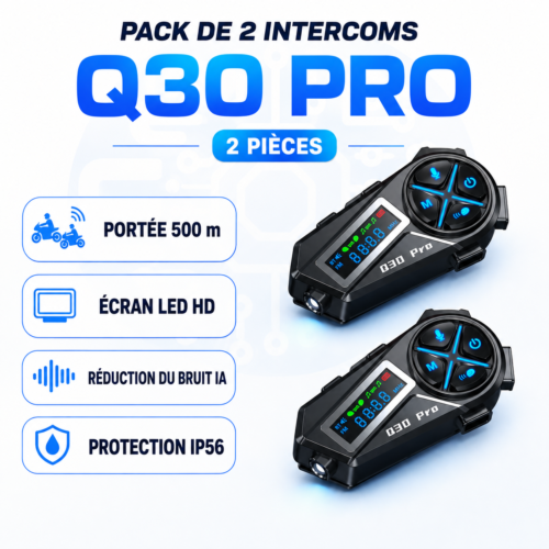Pack de 2 Intercoms Moto Q30 Pro Bluetooth – Portée 500 m, Écran LED HD, Réduction du Bruit IA et Protection IP56