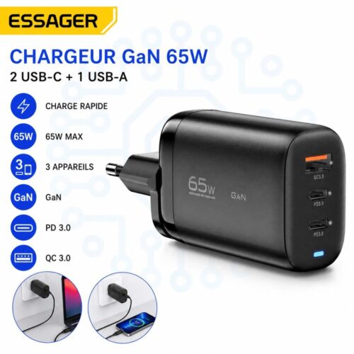 Chargeur Secteur GaN 65W à 3 Ports 2 USB C PD 3.0 + USB A QC 3.0, Prise EU