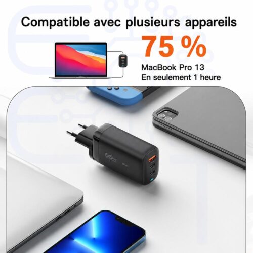 gvc.product.image_.1786012968037.e9fa9ba0-ffd4-4c90-93a8-2932c909cf1d.jpeg Chargeur Secteur GaN 65W à 3 Ports 2 USB C PD 3.0 + USB A QC 3.0, Prise EU