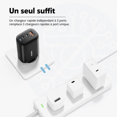 gvc.product.image_.1786012979702.d5e5aafe-3e00-44af-af9f-3e2ef4fab267.jpeg Chargeur Secteur GaN 65W à 3 Ports 2 USB C PD 3.0 + USB A QC 3.0, Prise EU