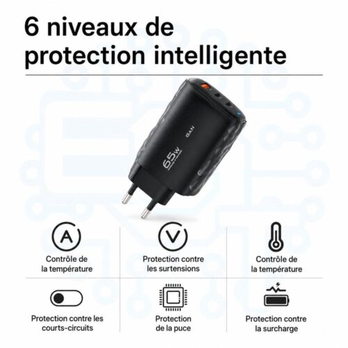 gvc.product.image_.1786013009480.33e46d0a-ce57-4e54-a488-7ce40bf73ce5.jpeg Chargeur Secteur GaN 65W à 3 Ports 2 USB C PD 3.0 + USB A QC 3.0, Prise EU