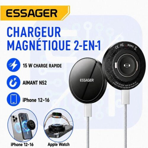 Chargeur Magnétique 2 en 1 15 W pour iPhone 12 16 et Apple Watch – Aimant N52