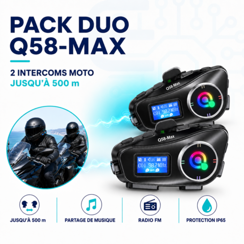 Pack de 2 Intercoms Moto Q58-Max Bluetooth – Communication 500 m, Partage de Musique, Radio FM et Protection IP65