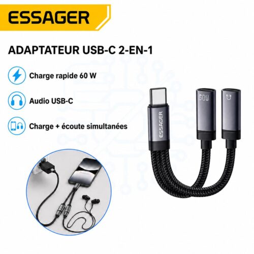 Adaptateur USB C 2en1 60W Charge rapide et audio USB C simultanés