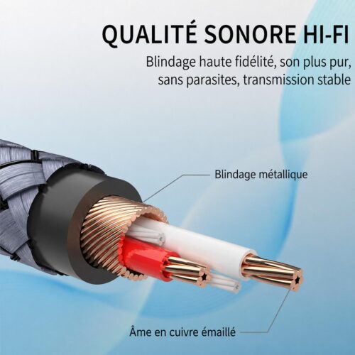 Câble audio stéréo Jack 3,5 mm vers 2 RCA mâles 1M, Câble en nylon tressé
