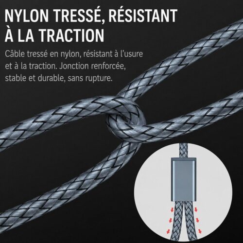 Câble audio stéréo Jack 3,5 mm vers 2 RCA mâles 1M, Câble en nylon tressé