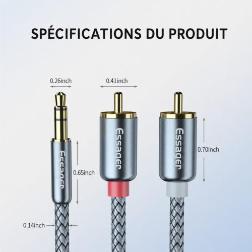 Câble audio stéréo Jack 3,5 mm vers 2 RCA mâles 1M, Câble en nylon tressé