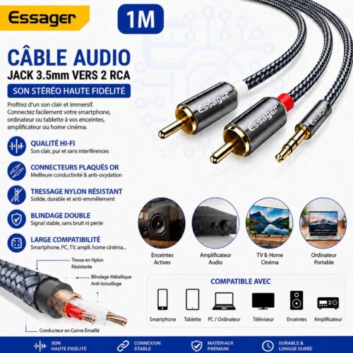 Câble audio stéréo Jack 3,5 mm vers 2 RCA mâles 1M, Câble en nylon tressé