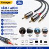 Câble audio stéréo Jack 3,5 mm vers 2 RCA mâles 2M, Câble en nylon tressé