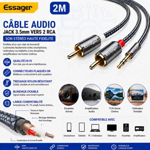 Câble audio stéréo Jack 3,5 mm vers 2 RCA mâles 2M, Câble en nylon tressé