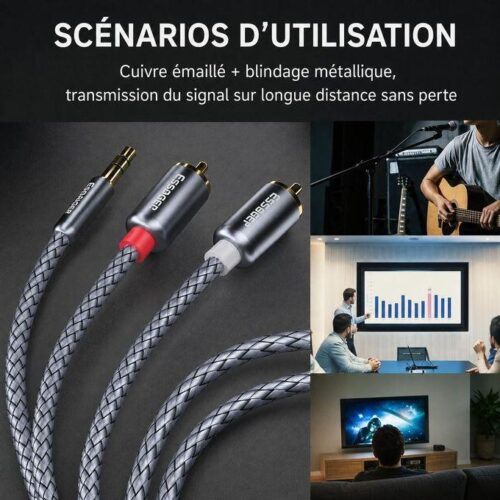 Câble audio stéréo Jack 3,5 mm vers 2 RCA mâles 5M, Câble en nylon tressé