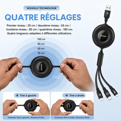 gvc.product.image_.1786284622880.483bffef-8274-4c20-a026-8469e69086a0.jpeg Câble Rétractable 3 en 1 6A USB C 1M, Lightning et MicronUSB 4 Longueurs Réglables
