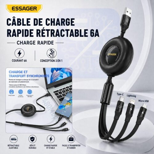 Câble Rétractable 3 en 1 6A USB C 1M, Lightning et MicronUSB 4 Longueurs Réglables
