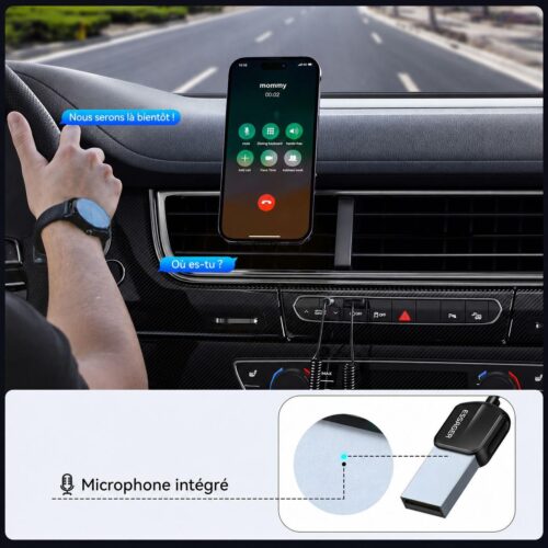Récepteur audio Bluetooth 5.0 pour voiture avec microphone intégré, jack 3,5 mm et USB, E801